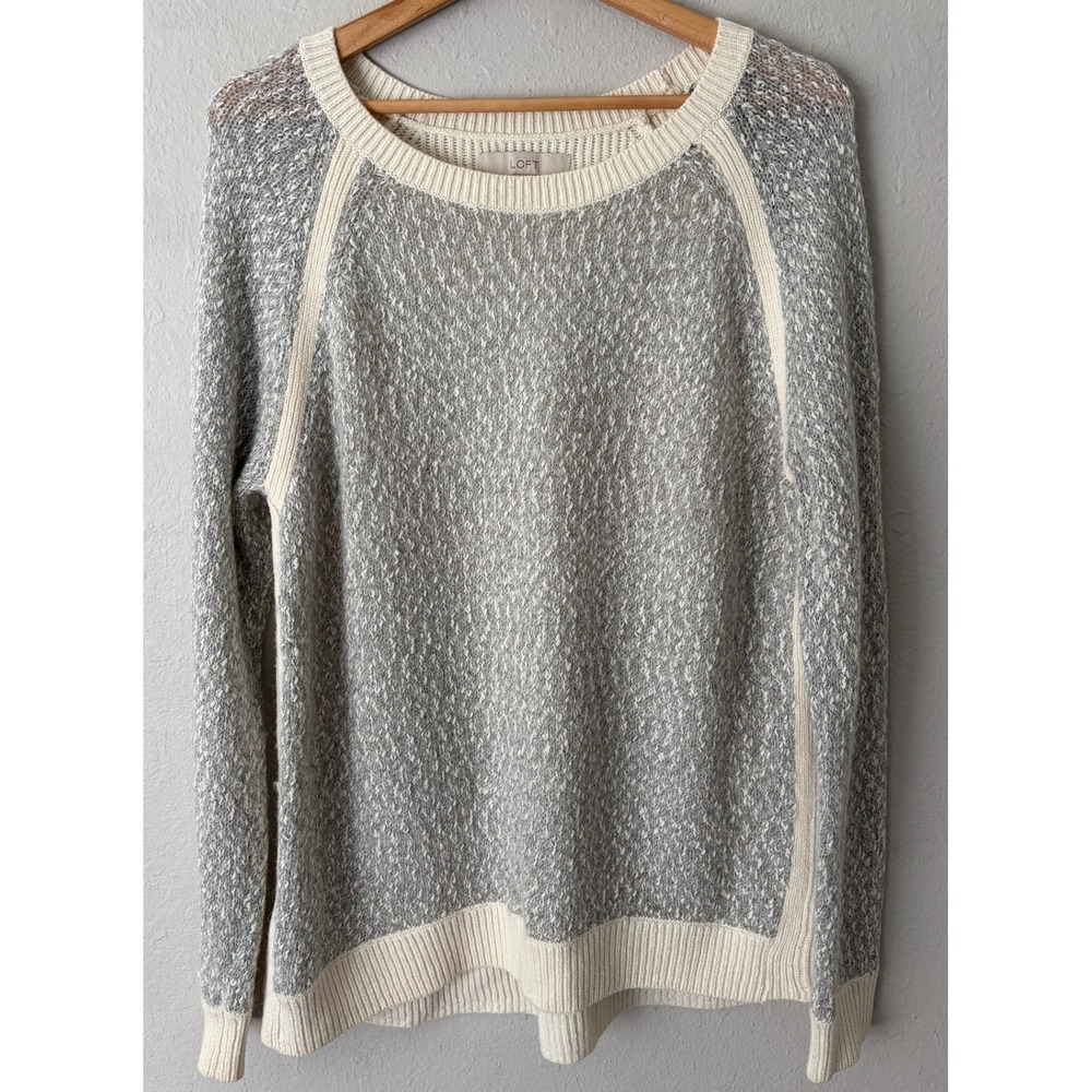 LOFT Women Mixed Knit Textured Raglan Sweater XL Wool Blend Grey Cream Pullover
